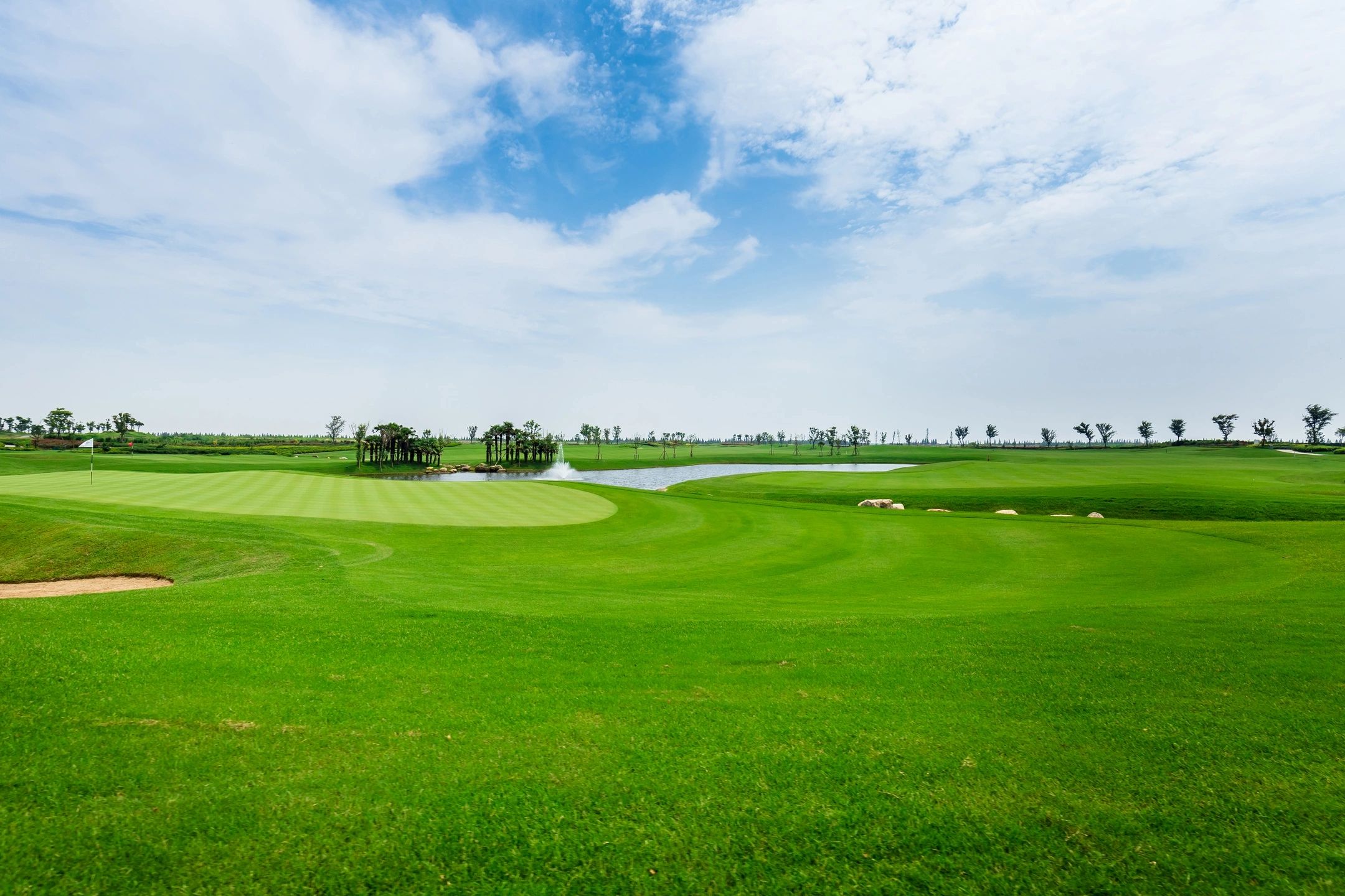 A golf course with trees and water in the background.